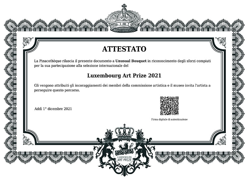 Attestato ricevuto dall'Art prize di lussemburgo per bouquet alternativi, Jessica Ciaffarini