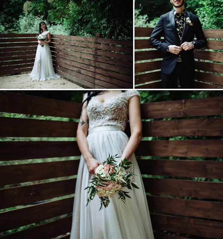 Sposa con bouquet di fiori per matrimonio in agosto realizzato in seta da Jessica Ciaffarini