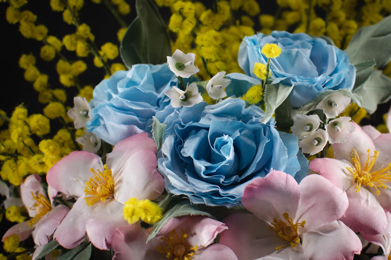 Bouquet di mimose e rose blu