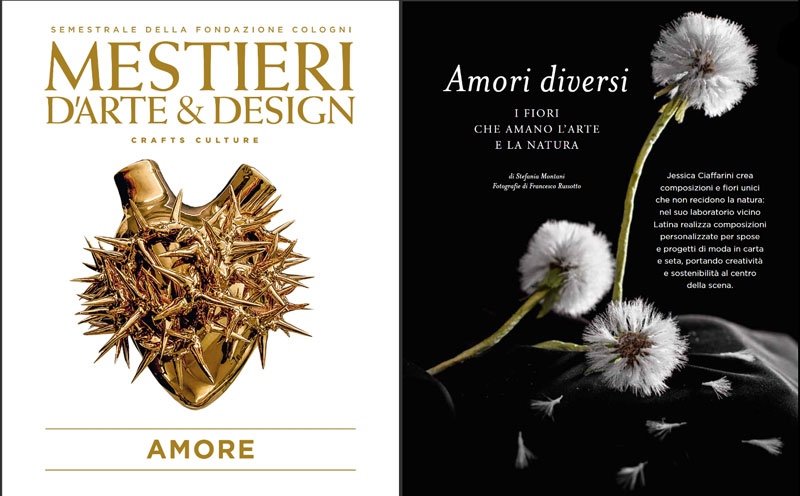 Articolo dedicato a Jessica Ciaffarini, bouquet alternativi, sulla rivista MEstieri d'arte e design della fondazione cologni dei mestieri d'arte