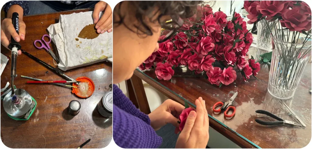 Fasi di lavorazione artigianale: modellazione petali con strumenti a caldo e assemblaggio di rose per bouquet sposa alternativi.