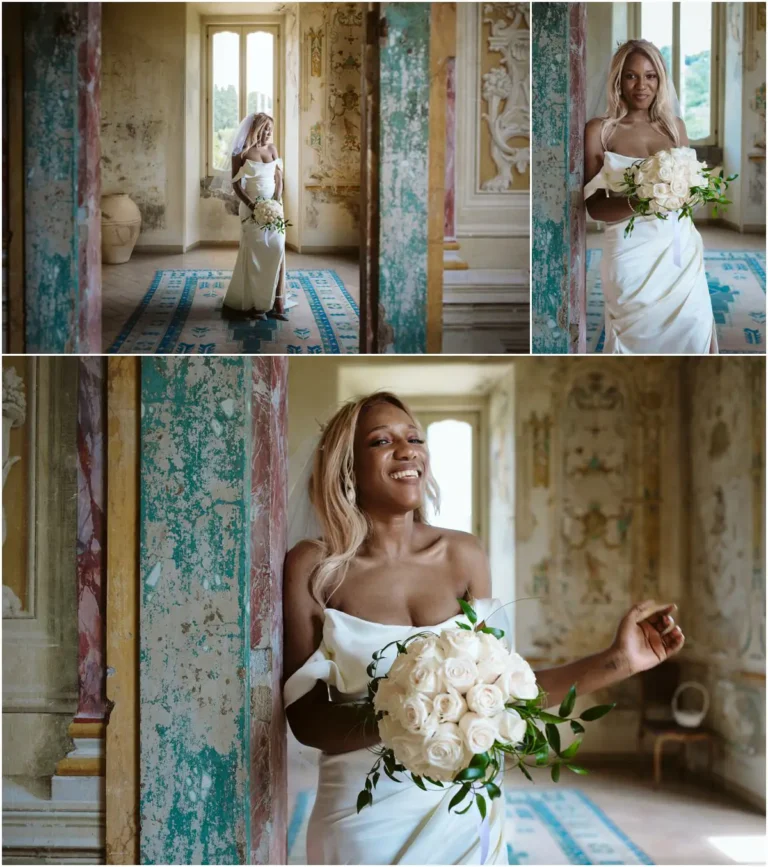 Sposa con bouquet di fiori per matrimonio in giugno in seta artigianale di Jessica Ciaffarini.